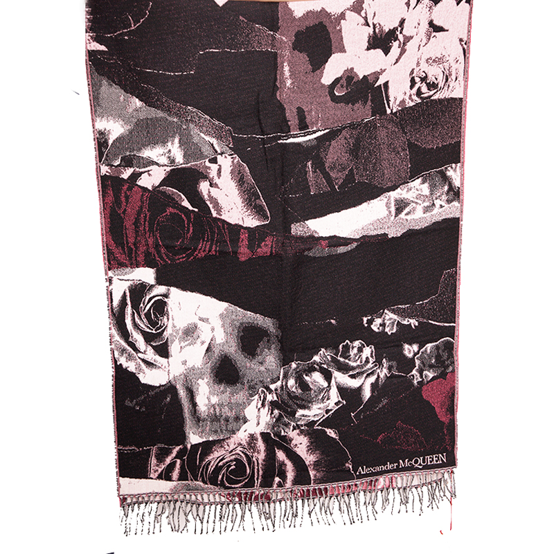 NEW $470 ALEXANDER MCQUEEN Pink & Black TORN ROSES SKULL 100% WOOL