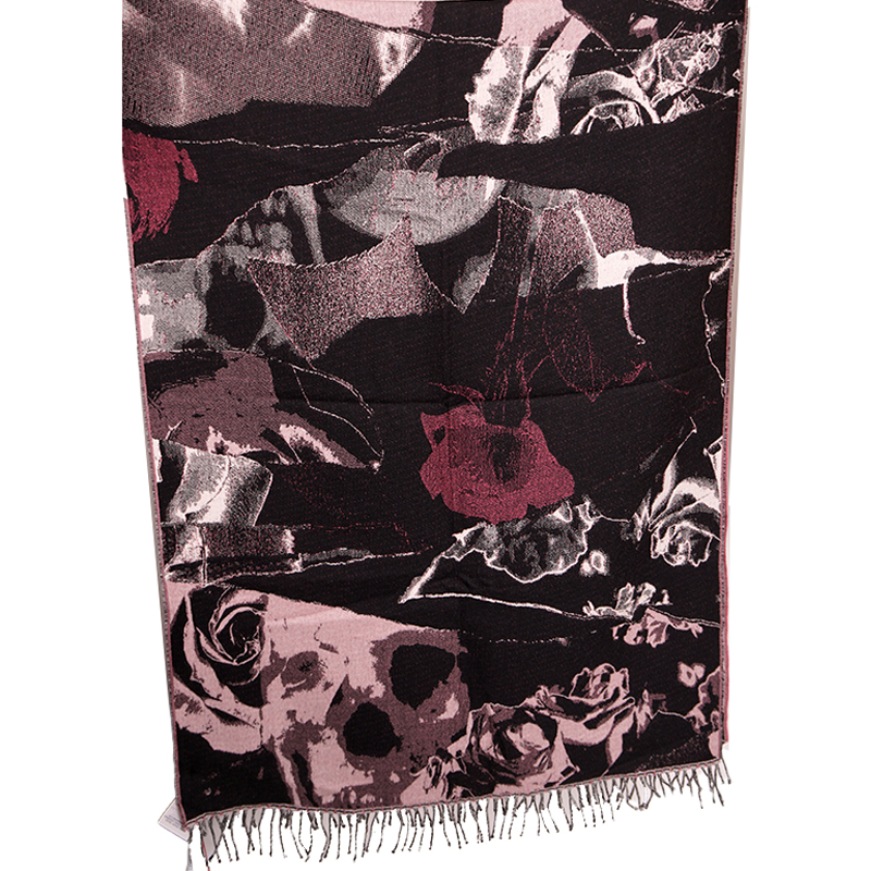 NEW $470 ALEXANDER MCQUEEN Pink & Black TORN ROSES SKULL 100% WOOL