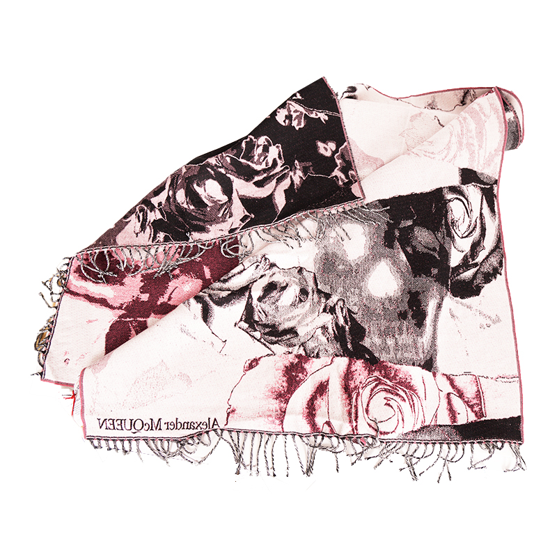 NEW $470 ALEXANDER MCQUEEN Pink & Black TORN ROSES SKULL 100% WOOL
