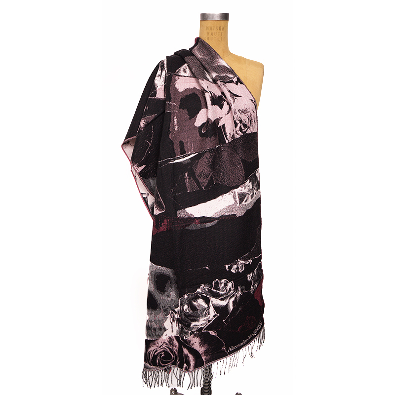 NEW $470 ALEXANDER MCQUEEN Pink & Black TORN ROSES SKULL 100% WOOL