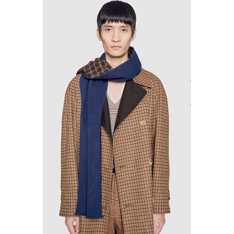 NEW $490 GUCCI Reversible Blue & LOGO GG Wool Silk Long Fall