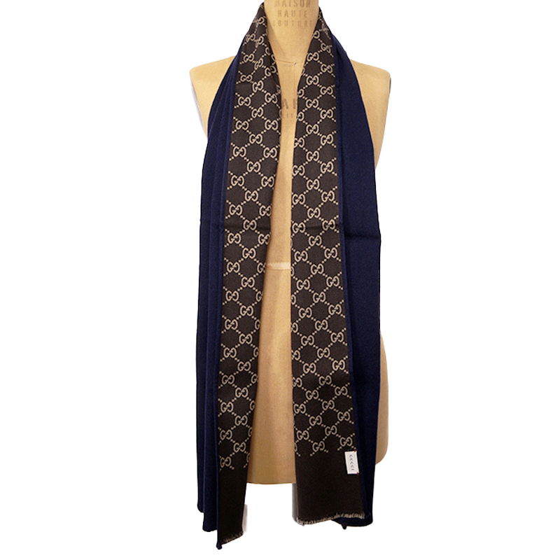 NEW $490 GUCCI Reversible Blue & LOGO GG Wool Silk Long Fall