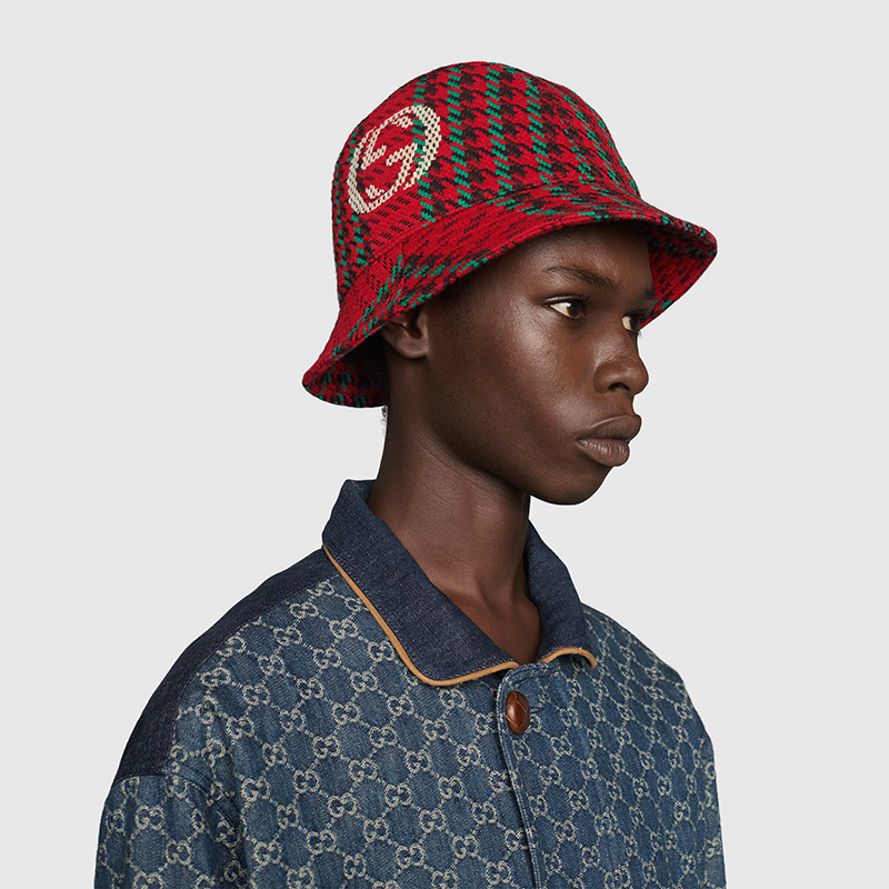 sz M NEW $790 GUCCI Red & Green WOOL HOUNDSTOOTH Large GG