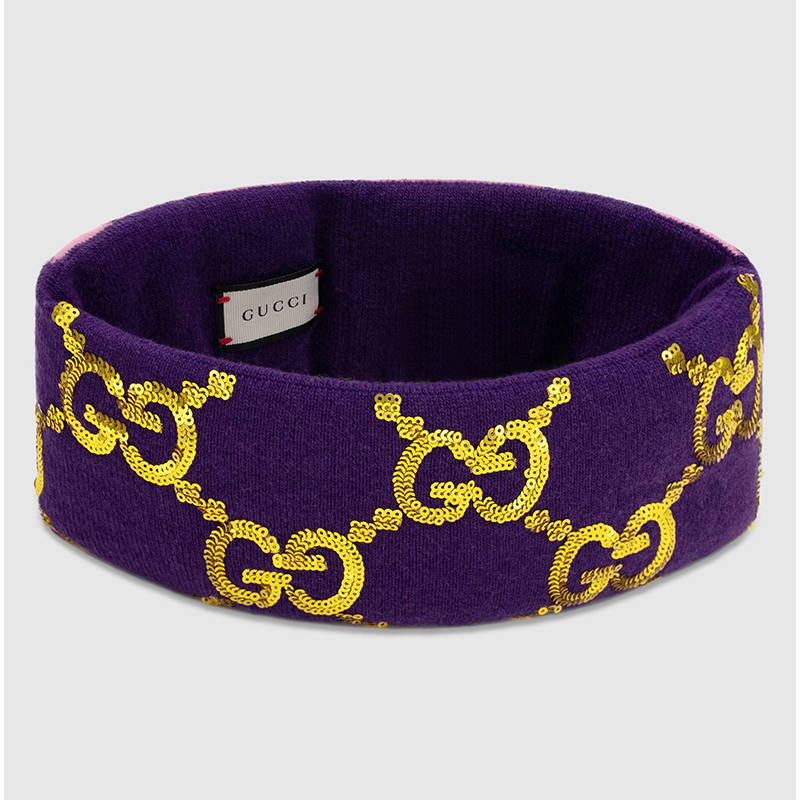 sz M NEW $590 GUCCI Violet Purple GOLD SEQUIN GG LOGO Wide Padded