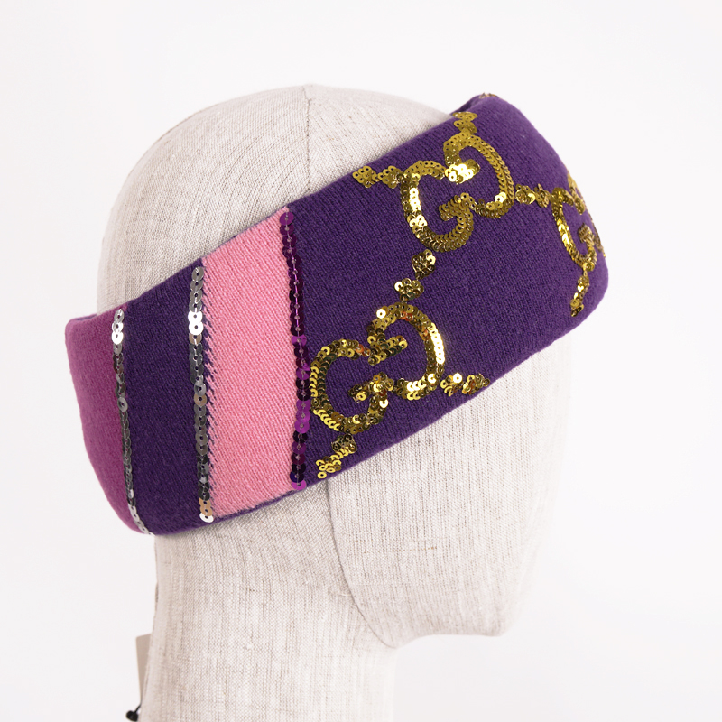 sz M NEW $590 GUCCI Violet Purple GOLD SEQUIN GG LOGO Wide  display picture 3