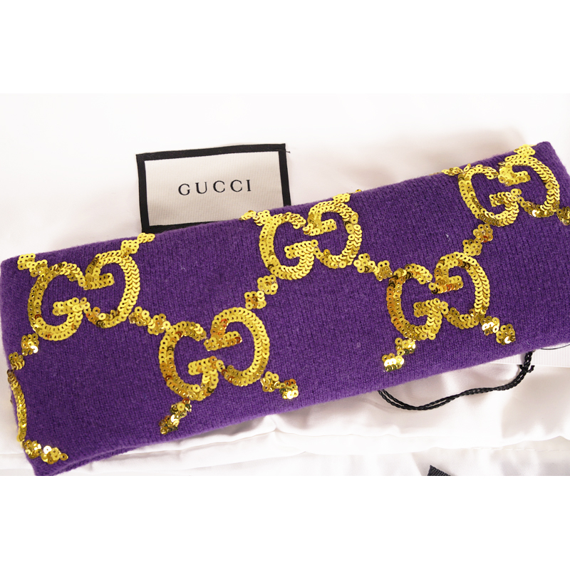 sz M NEW $590 GUCCI Violet Purple GOLD SEQUIN GG LOGO Wide Padded