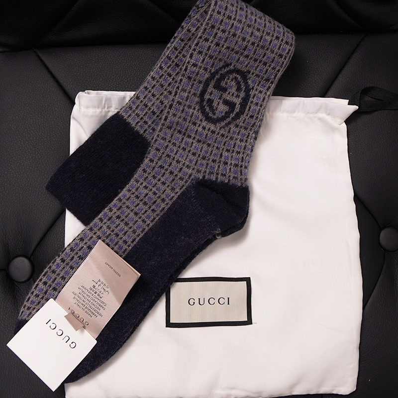 sz S NEW $195 GUCCI Men's Wool Grey Blue Pattern INTERLOCKING LOGO