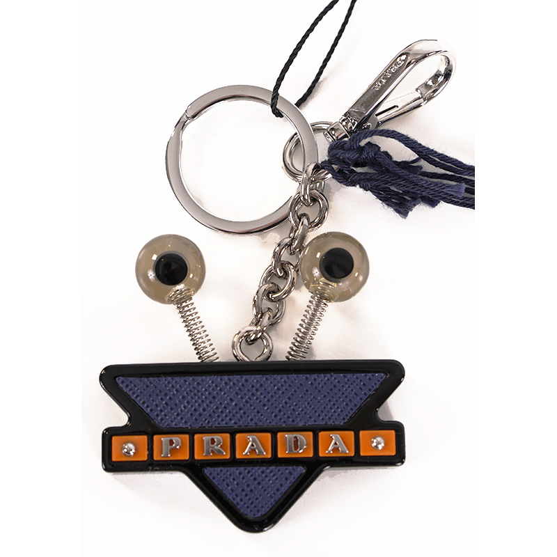 NEW $495 PRADA Blue Saffiano ROBOT GOOGLY EYE Key Chain Ring Trick