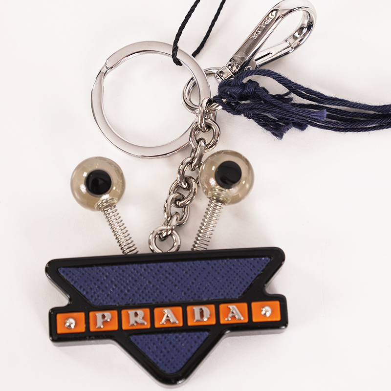 NEW $495 PRADA Blue Saffiano ROBOT GOOGLY EYE Key Chain Ring Trick