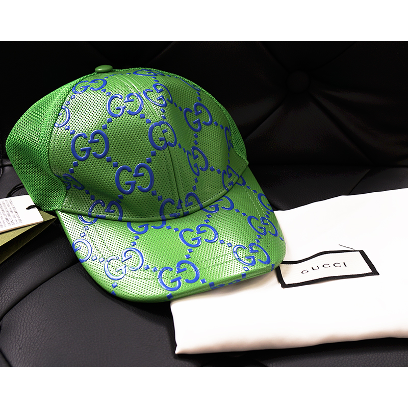 M NEW $600 GUCCI Green Perforated Leather GG LOGO Monogram Unisex