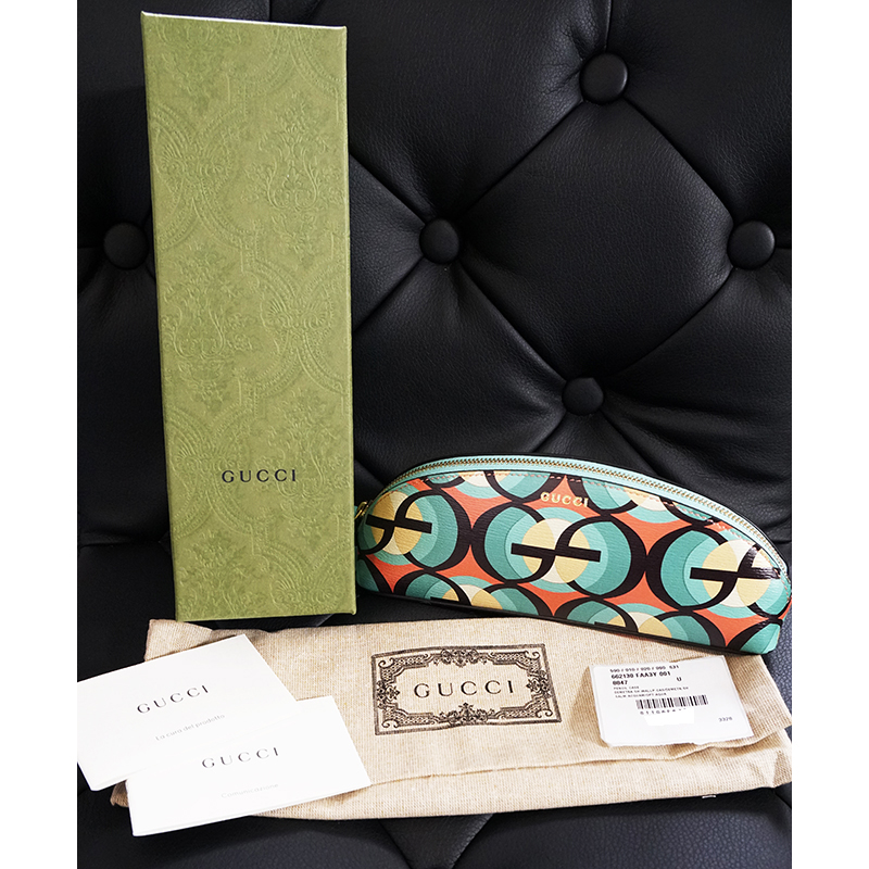 NEW $410 GUCCI Aqua Pink Black Demetra MOD GG Cascade Pencil CASE