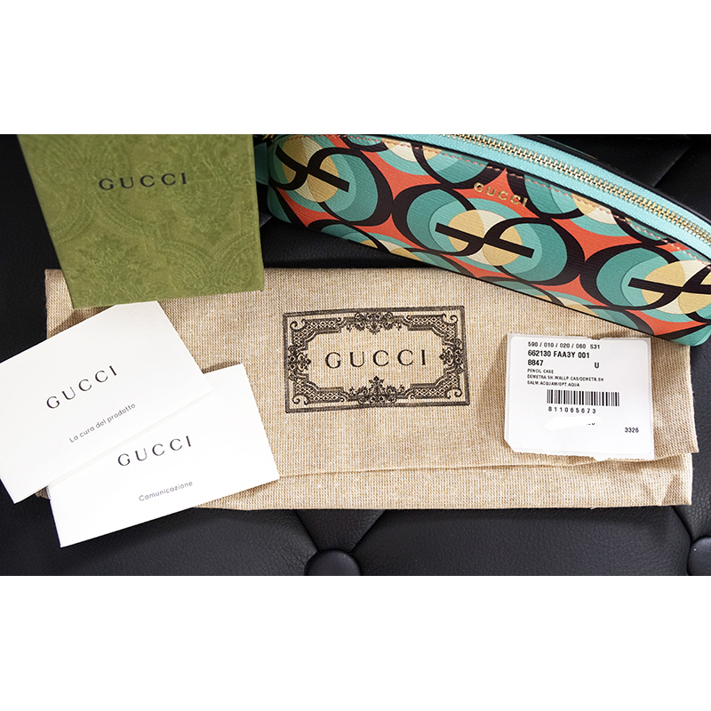NEW $410 GUCCI Aqua Pink Black Demetra MOD GG Cascade Pencil CASE