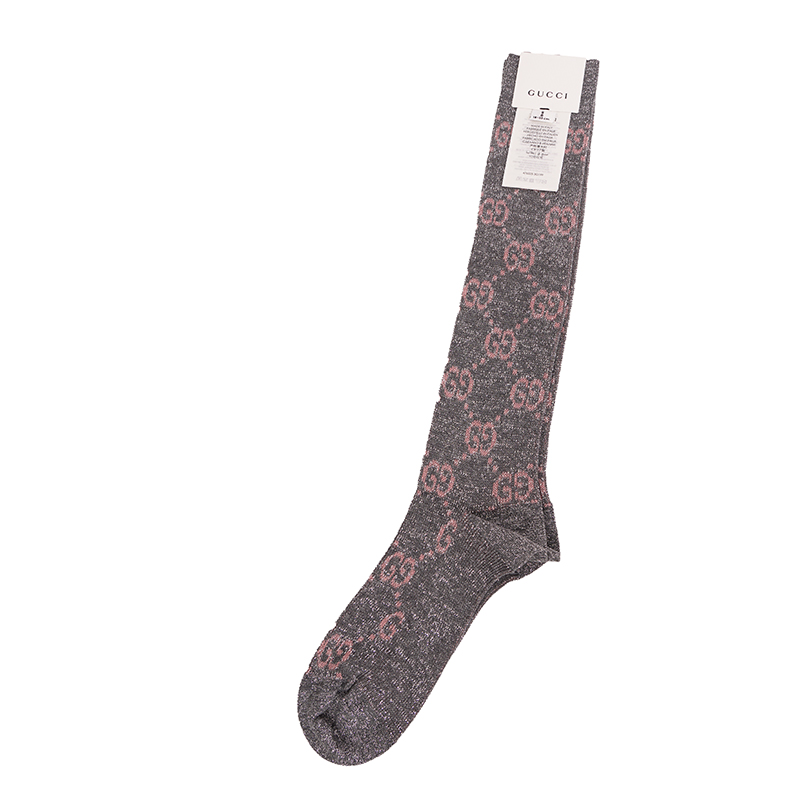 新品GUCCI GGロゴ ソックス グレー/ピンク M NEW $290 GUCCI Woman's Gray w/ PINK GG Logo Lame' Cotton Calf