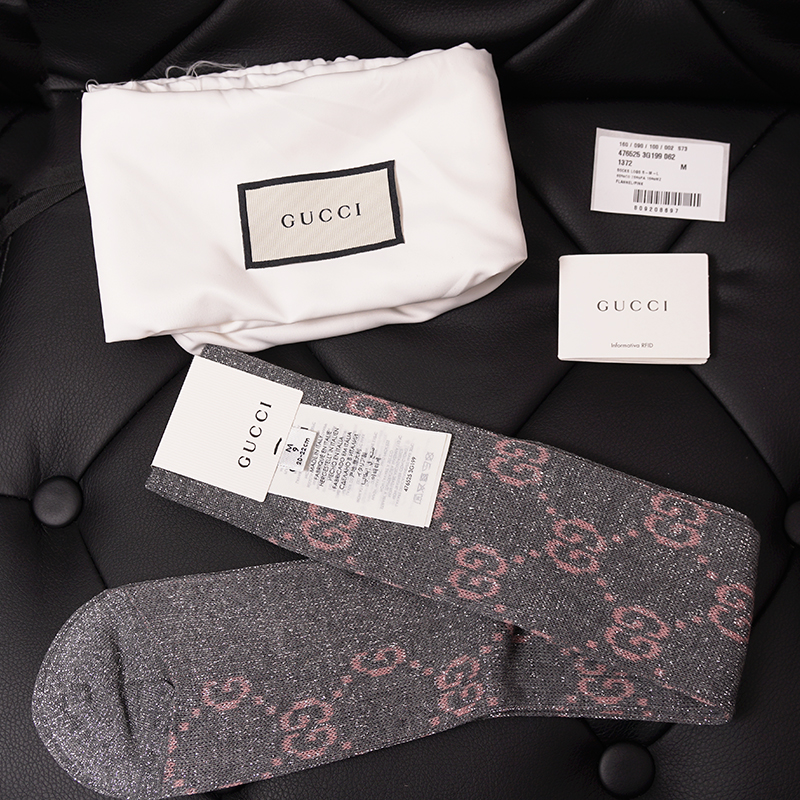M NEW $290 GUCCI Woman's Gray w/ PINK GG Logo Lame' Cotton Calf