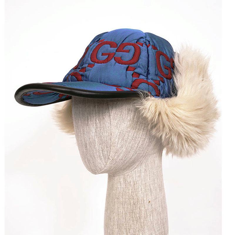 sz S NEW $1,550 GUCCI Blue Quilted Red GG Nylon & SHEARLING EAR