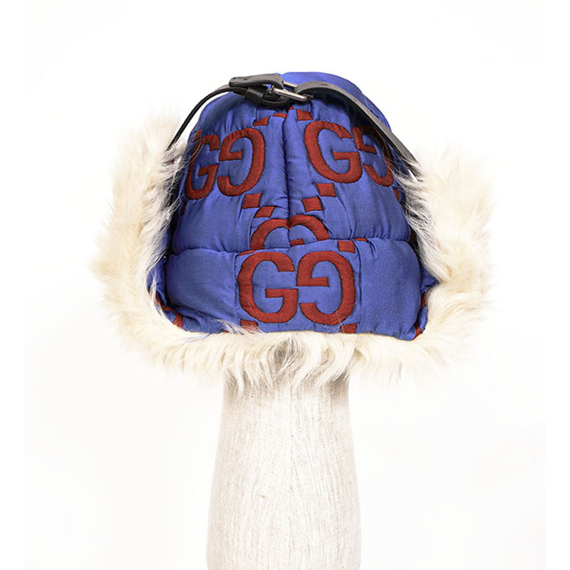 sz S NEW $1,550 GUCCI Blue Quilted Red GG Nylon & SHEARLING EAR