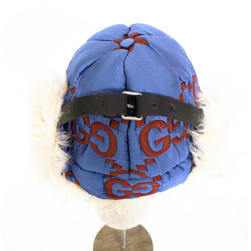 sz S NEW $1,550 GUCCI Blue Quilted Red GG Nylon & SHEARLING EAR