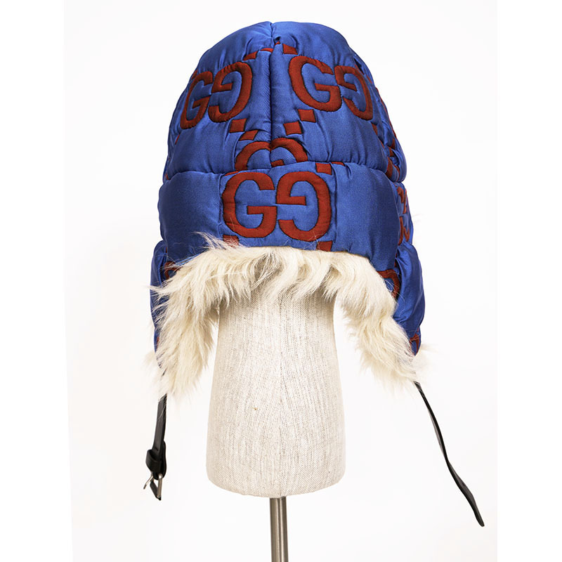 sz S NEW $1,550 GUCCI Blue Quilted Red GG Nylon & SHEARLING EAR