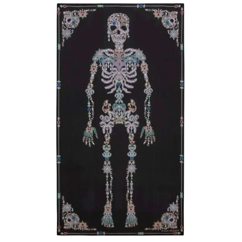 NEW $795 ALEXANDER MCQUEEN Black Gemstone TREASURE SKELETON Silk