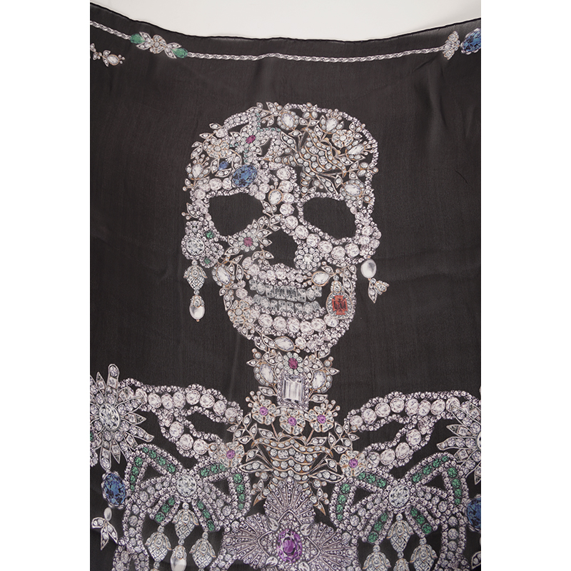 NEW $795 ALEXANDER MCQUEEN Black Gemstone TREASURE SKELETON Silk