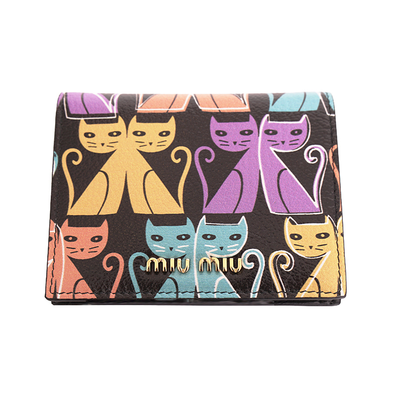 NEW $675 MIU MIU Black Leather MADRAS CAT PRINT Snap Small Bifold