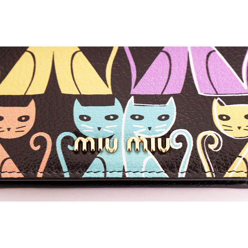 NEW $675 MIU MIU Black Leather MADRAS CAT PRINT Snap Small Bifold