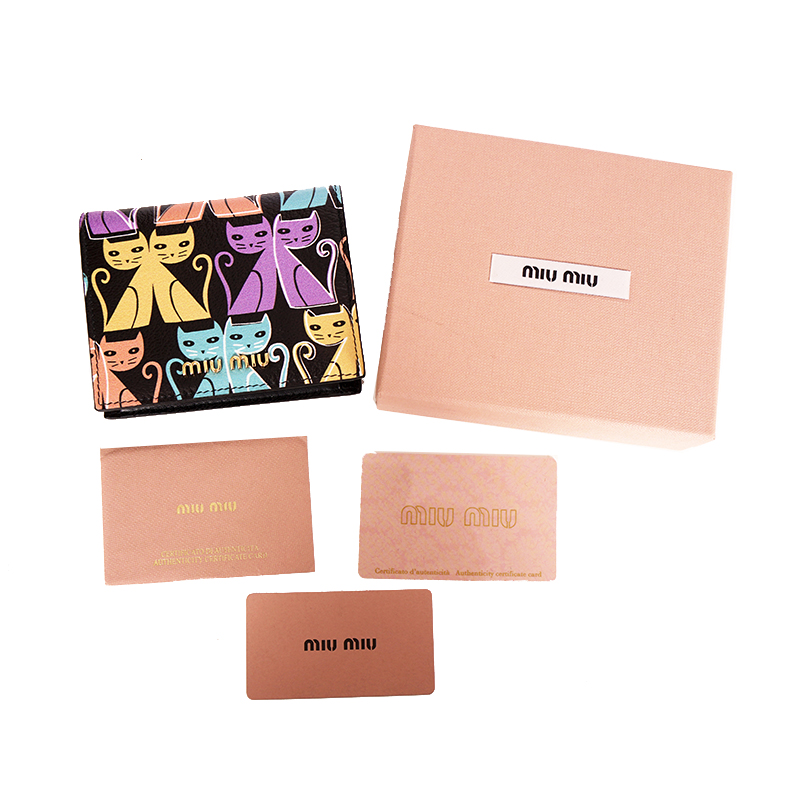 NEW $675 MIU MIU Black Leather MADRAS CAT PRINT Snap Small Bifold