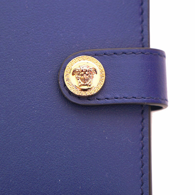 NEW $550 VERSACE Blue Leather GOLD MEDUSA LOGO Snap Closure Bi