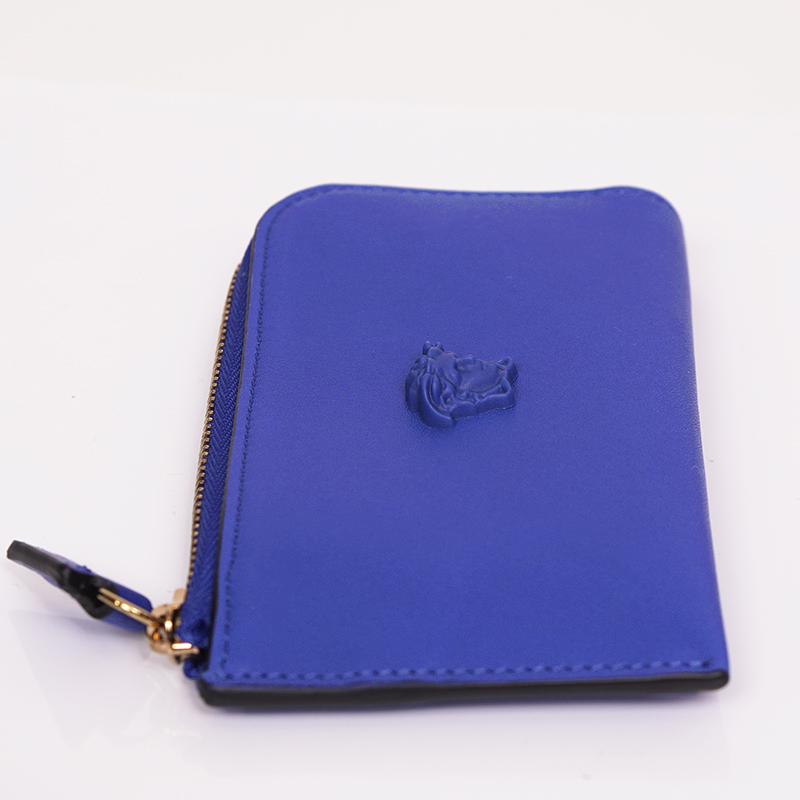 NEW $375 VERSACE Blue Leather LA MEDUSA LOGO Zipper CARD HOLDER
