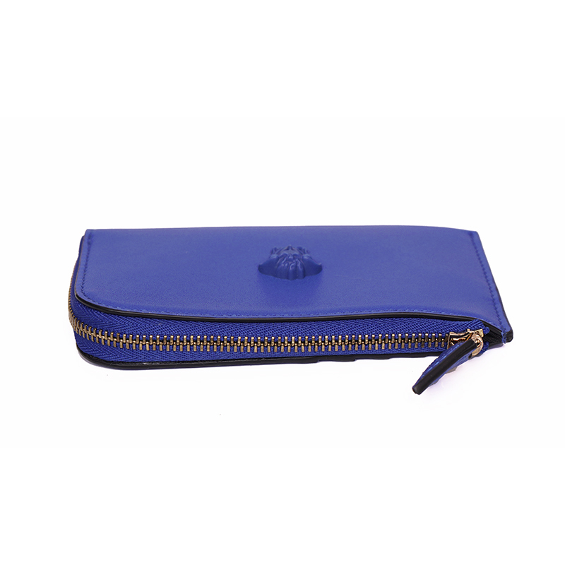 NEW $375 VERSACE Blue Leather LA MEDUSA LOGO Zipper CARD HOLDER