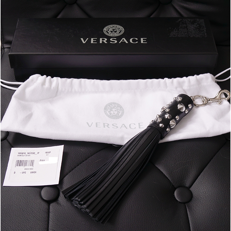 NEW $575 VERSACE RUNWAY Black Leather MEDUSA STUDDED TASSEL