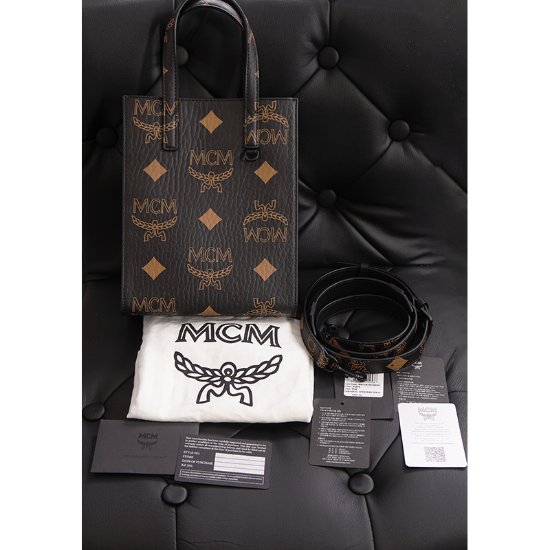 NEW $690 MCM Black Coated Canvas MINI AREN ORANGE LOGO Visetos