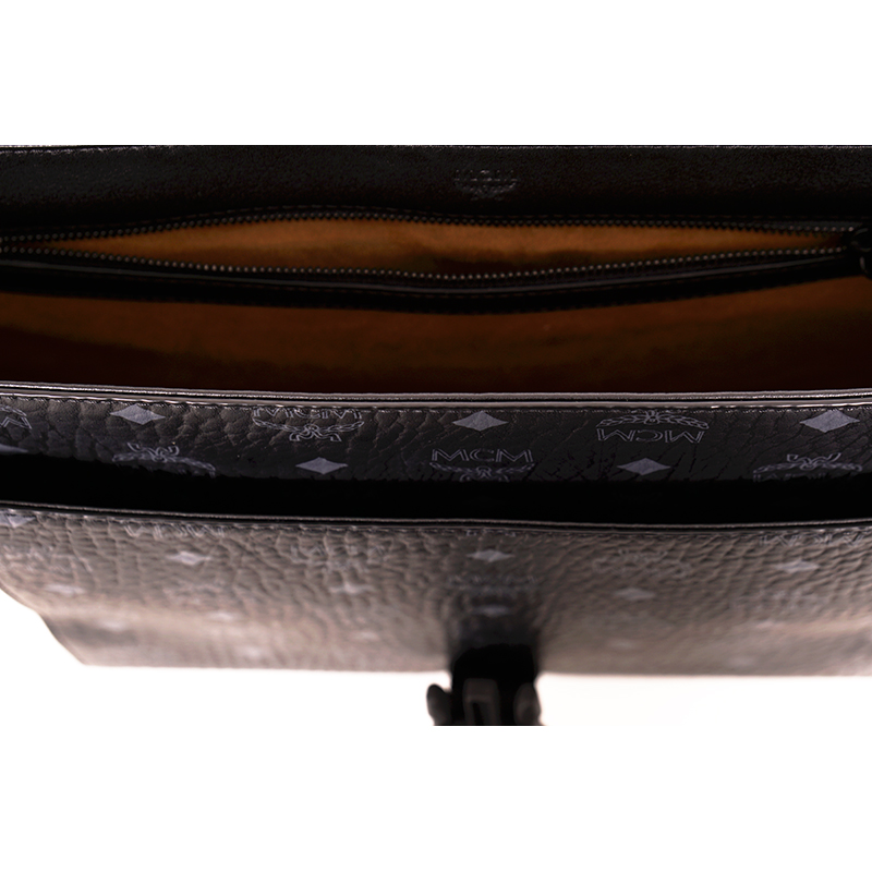 NEW $890 MCM Klassik Black Leather & Visetos Gray Logo CROSSBODY
