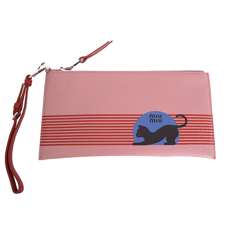 NEW $595 MIU MIU Pink Pebble Leather Madras BLACK CAT LOGO Graphic