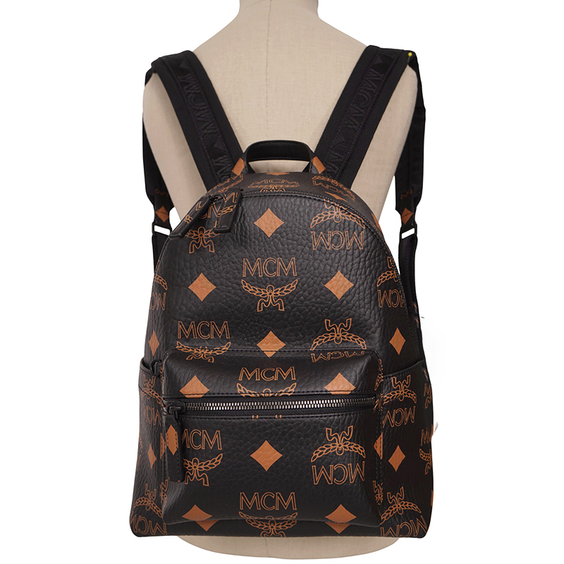 NEW $990 MCM Black Visetos Orange/Tan STARK MAXI LOGO Monogrammed