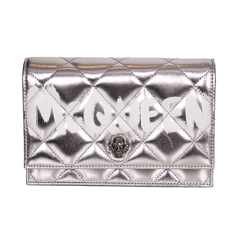 NEW $1290 ALEXANDER MCQUEEN Silver GRAFFITI Quilted Leather