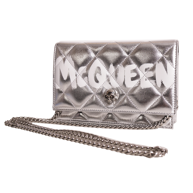 NEW $1290 ALEXANDER MCQUEEN Silver GRAFFITI Quilted Leather NEW $1290 ALEXANDER MCQUEEN Silver GRAFFITI Quilted Leather