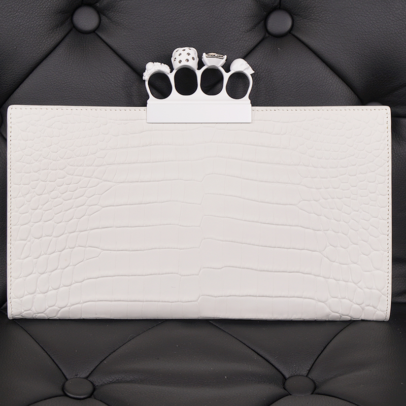 NEW $2190 ALEXANDER MCQUEEN Matte White Croc JEWELED KNUCKLE 4