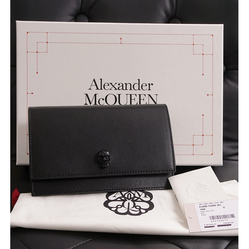 NEW $1190 ALEXANDER MCQUEEN Black Leather TONAL LOGO CRYSTAL SKULL