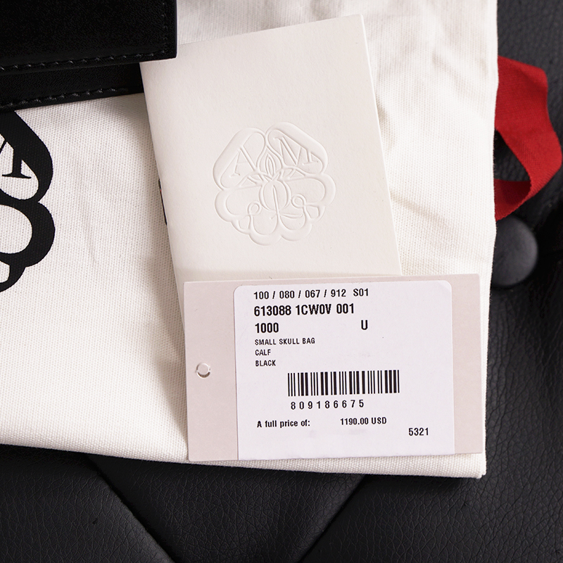 NEW $1190 ALEXANDER MCQUEEN Black Leather TONAL LOGO CRYSTAL SKULL