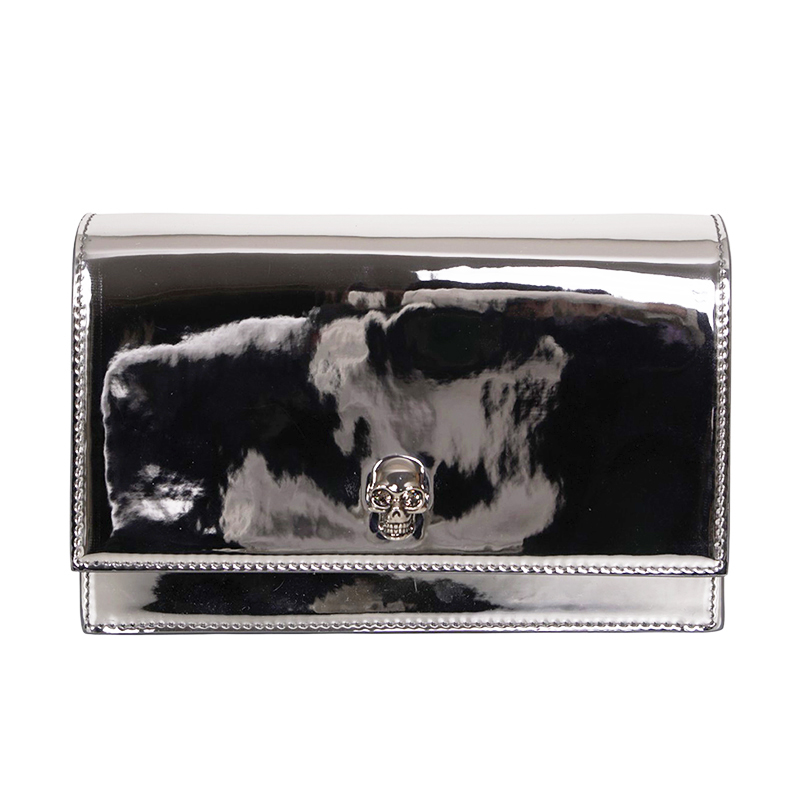 NEW $990 ALEXANDER MCQUEEN Glazed SHINY SILVER Leather MINI SKULL