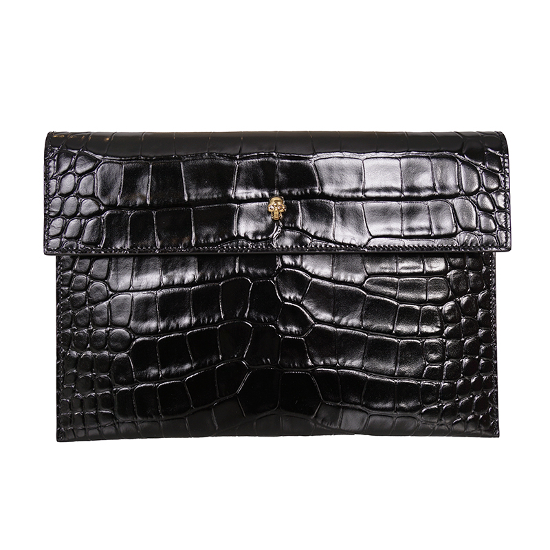 Alexander McQueen ブラック ケース NEW ALEXANDER MCQUEEN Black Croc-Embossed Leather GOLD SKULL