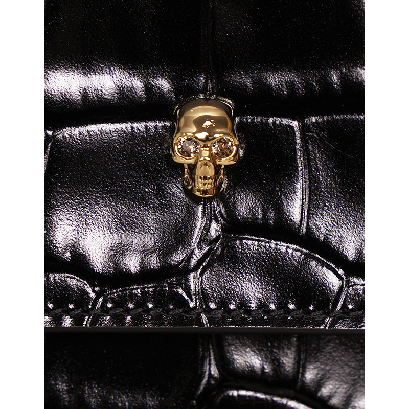 NEW ALEXANDER MCQUEEN Black Croc-Embossed Leather GOLD SKULL
