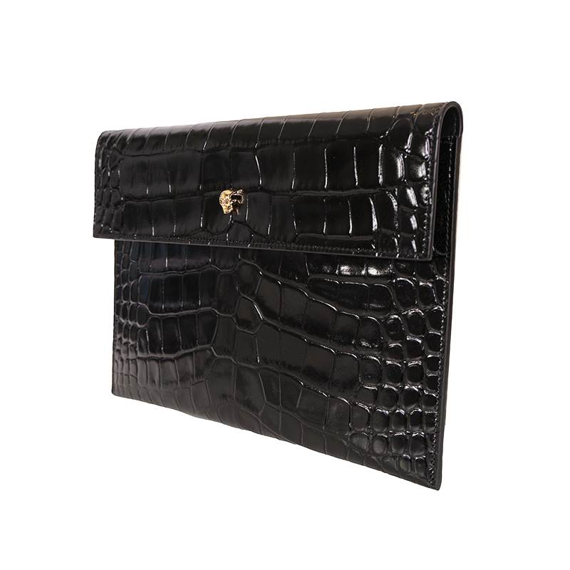Alexander McQueen ブラック ケース NEW ALEXANDER MCQUEEN Black Croc-Embossed Leather GOLD SKULL