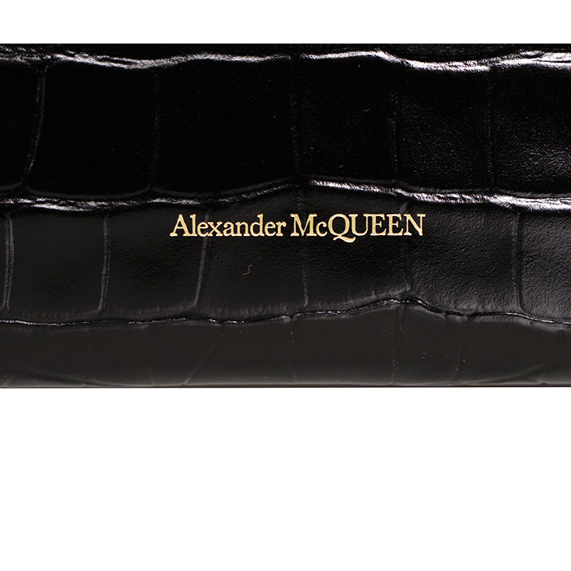NEW ALEXANDER MCQUEEN Black Croc-Embossed Leather GOLD SKULL