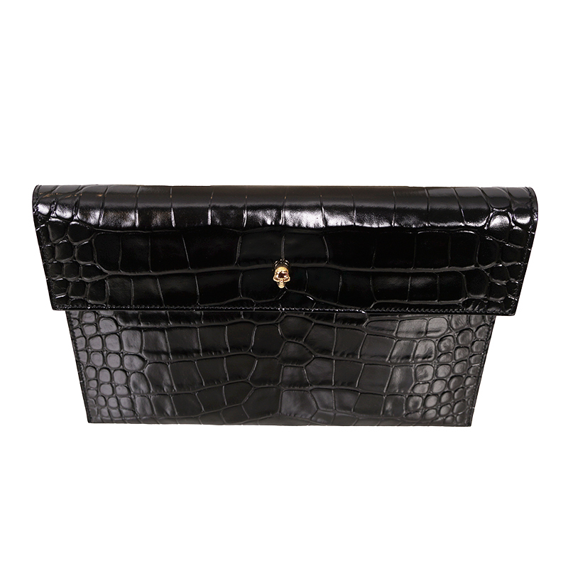 NEW ALEXANDER MCQUEEN Black Croc-Embossed Leather GOLD SKULL