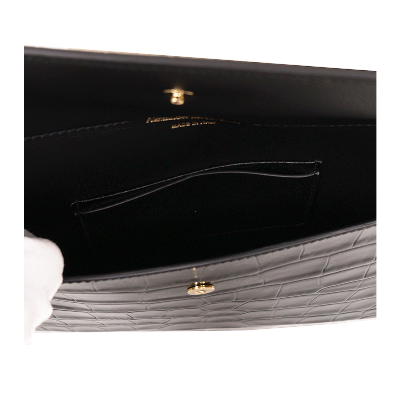 NEW ALEXANDER MCQUEEN Black Croc-Embossed Leather GOLD SKULL