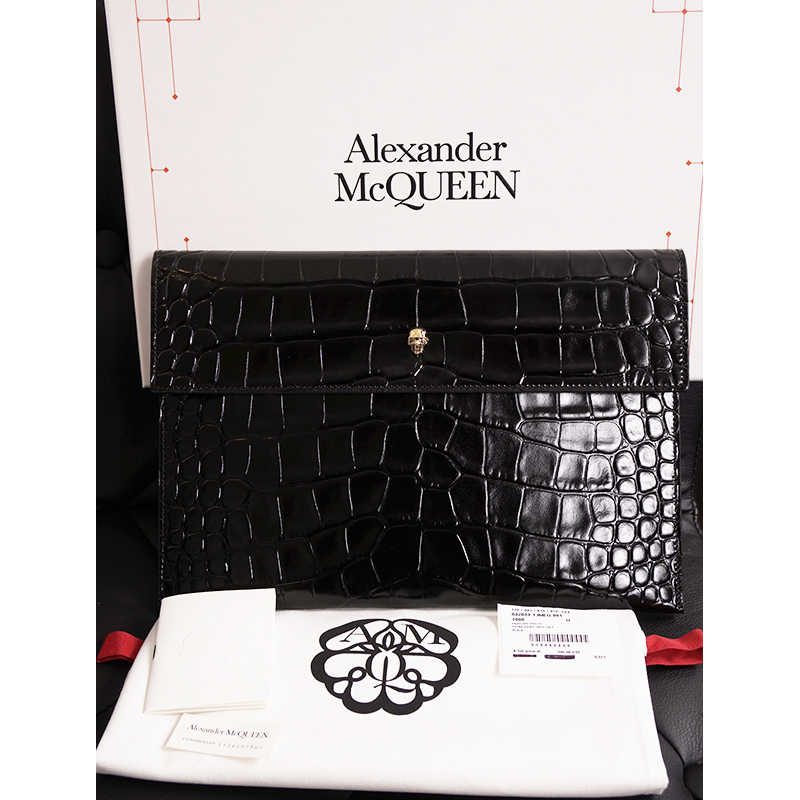 NEW ALEXANDER MCQUEEN Black Croc-Embossed Leather GOLD SKULL