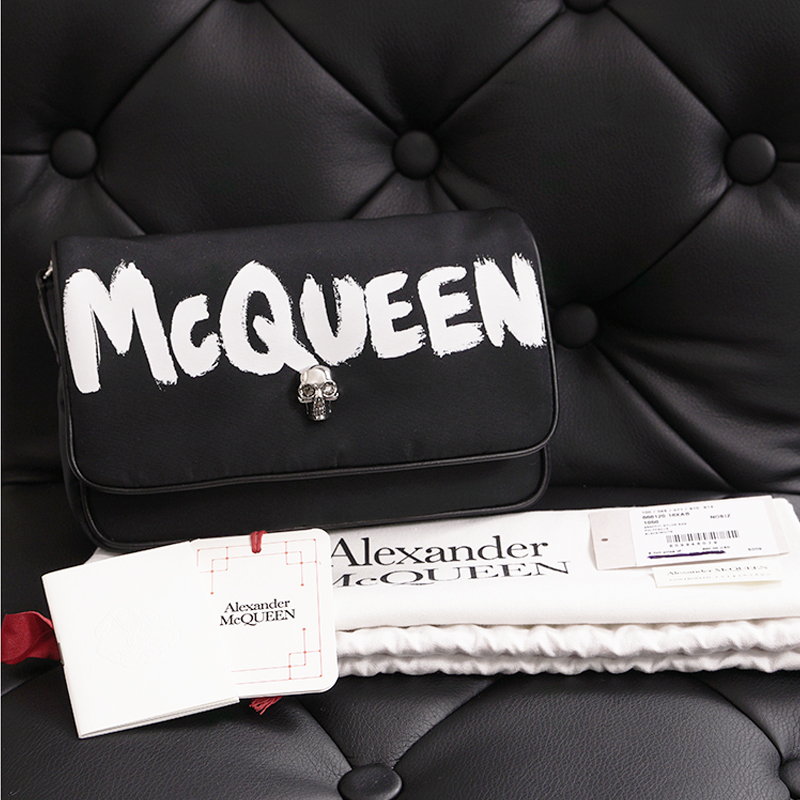 NEW $890 ALEXANDER MCQUEEN Black Nylon CRYSTAL SKULL WHITE