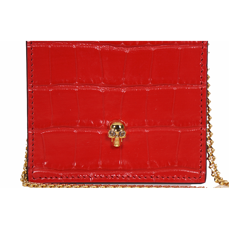 NEW $590 ALEXANDER MCQUEEN Red MINI SKULL Croc Embossed